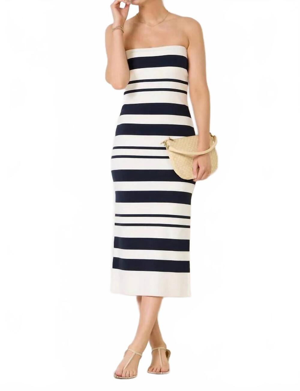 NEW FRENCH CONNECTION women's maxime knit strapless midi dress in white/navy
